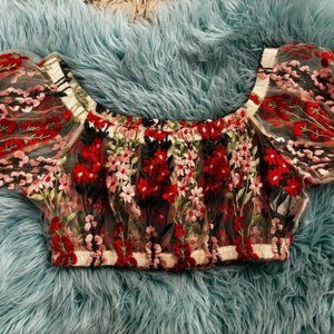 Urban Outfitters Sheer Mesh Crop Top with Flower Embroidery